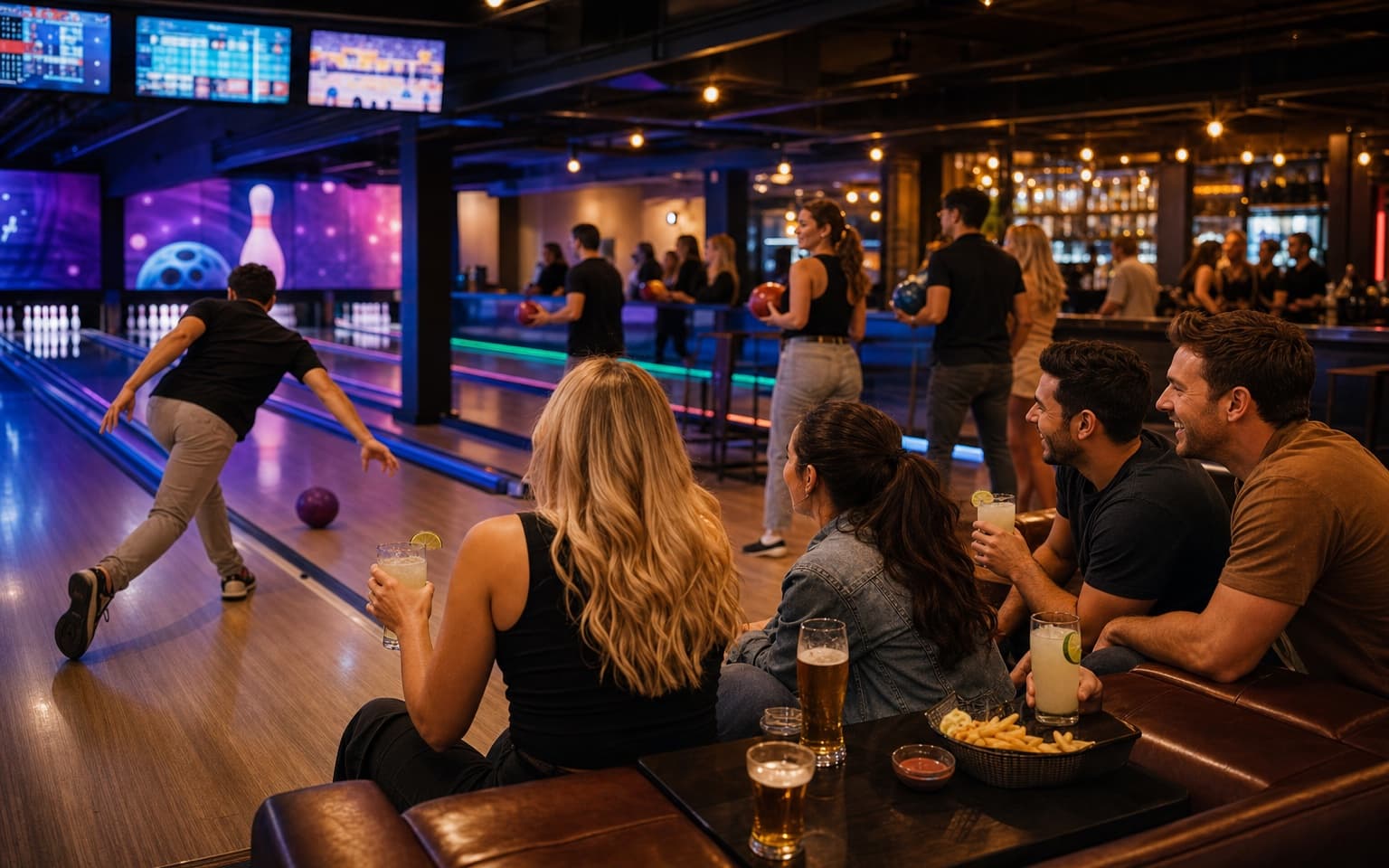 Guests bowling in a modern ten-pin bowling centre with drinks served at the lane seating area