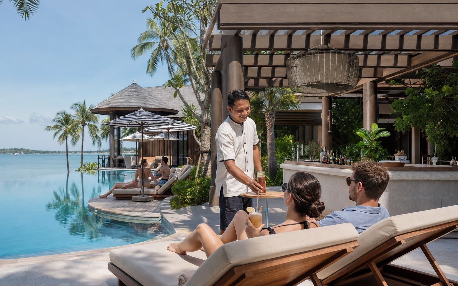 Guests ordering from a hotel pool bar and terrace with Digame