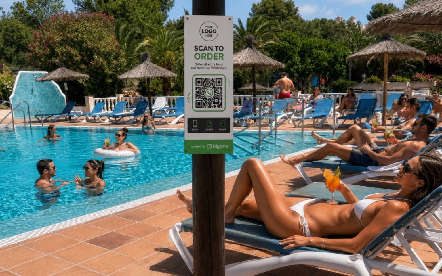Guests ordering drinks from sun loungers at a pool bar using Digame WhatsApp ordering