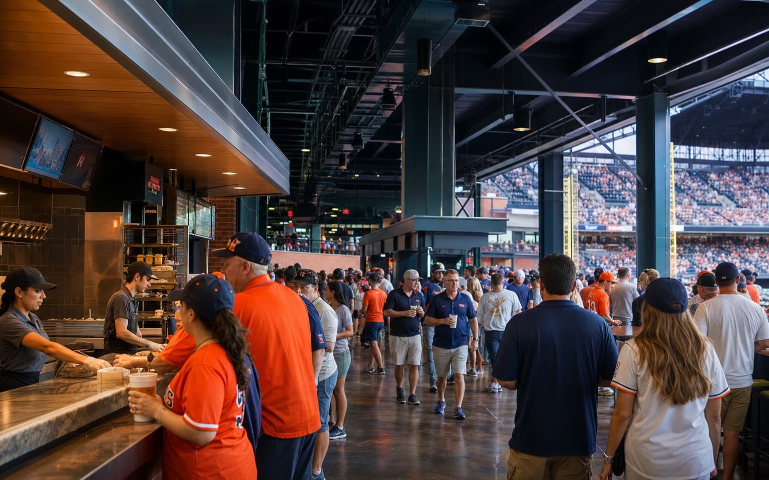 Sports fans ordering food and drinks at a stadium concession